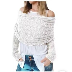 White Long Sleeve Wrap Sweater Scarf Shawl Hand Knitted